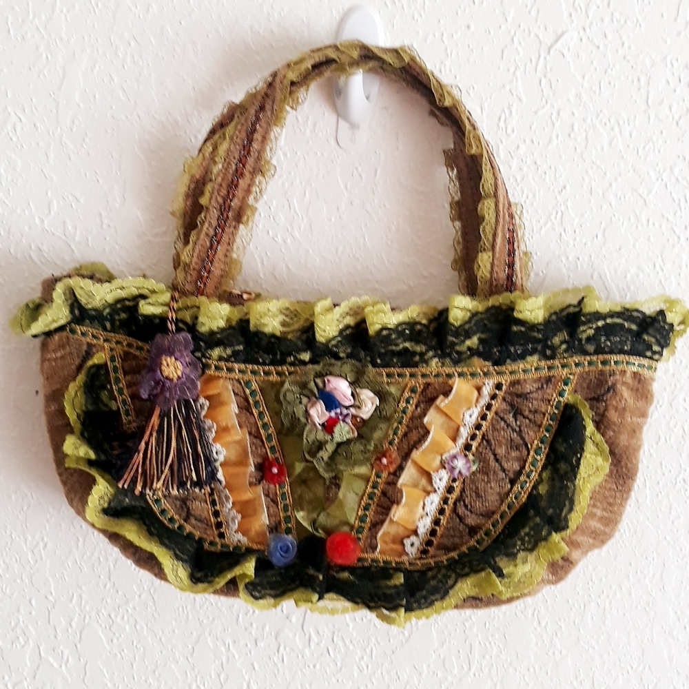 Embellished Whimsical Floral Tapestry Bag - Victorian Style Ruffle Hand Bag - Picture 16 of 16